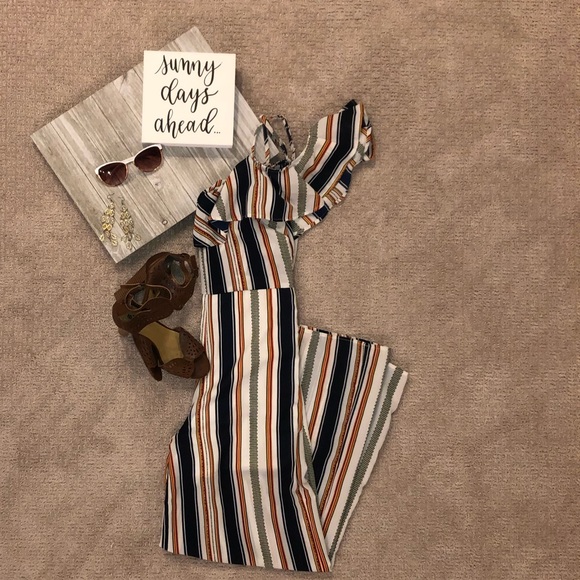 Japna Striped Cold Shoulder Jumpsuit, M - Picture 2 of 6